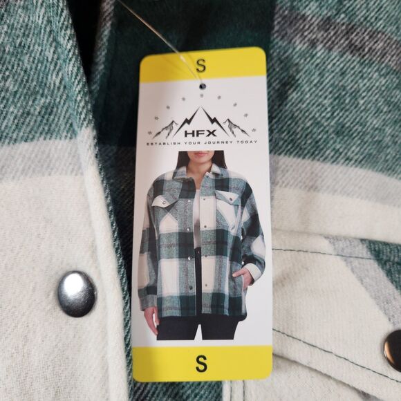 HFX Womens Flannel Shirt Jacket Size Small Green White Plaid Snap Up Pockets - Picture 9 of 16
